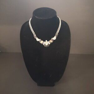 Vintage American Eagle Silver Tone Chain Black Peach & Clear Statement Necklace